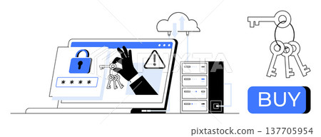 Cybersecurity, online protection, digital access, key management, data security, internet safety. A hand holding keys near a laptop with locks and alerts. Cybersecurity and online protection concept 137705954