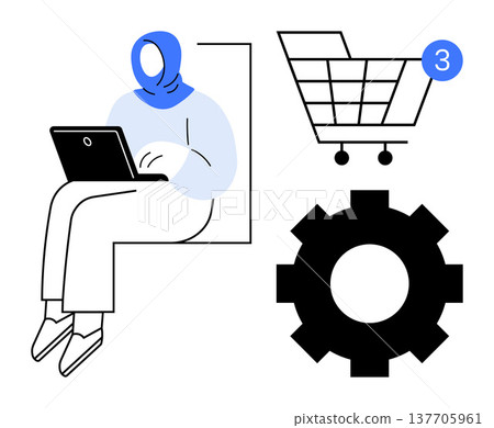 E-commerce, online shopping, technology, digital tools, workflow management, user interface. Woman with laptop, shopping cart icon with notification gear symbol. Online shopping and technology 137705961