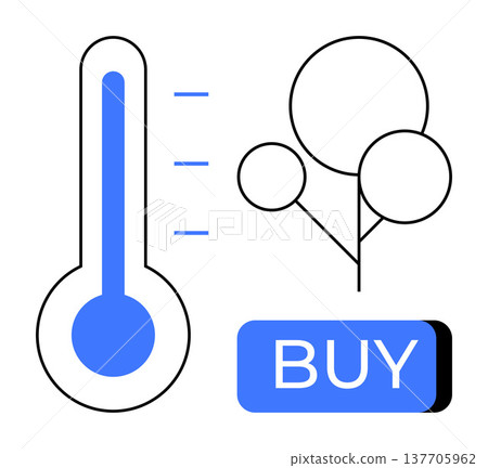 Sustainability, eco awareness, e-commerce, environmental action, climate change, green technology. Blue thermometer, abstract tree and buy button. Sustainability and eco awareness concept Sustainability, eco awareness, e-commerce, environmental action, climate change, green technology. Blue thermometer, abstract tree and buy button. Sustainability and eco awareness concept 137705962