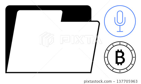 Cryptocurrency, data organization, voice recording, blockchain technology, digital security, financial data. Black folder, Bitcoin symbol and microphone outline. Cryptocurrency and data organization Cryptocurrency, data organization, voice recording, blockchain technology, digital security, financial data. Black folder, Bitcoin symbol and microphone outline. Cryptocurrency and data organization 137705963