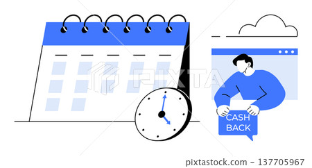 Financial planning, cashback rewards, savings management, time management, shopping offers, cost efficiency. Calendar and clock with person holding cashback message. Financial planning and cashback 137705967