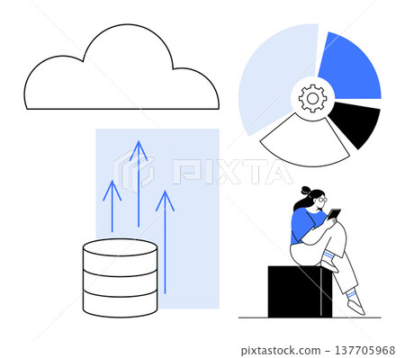 Cloud computing, data storage, analytics tools, digital transformation, technology productivity, remote work. Cloud icon, database pie chart woman using tablet. Cloud computing and data storage ion 137705968