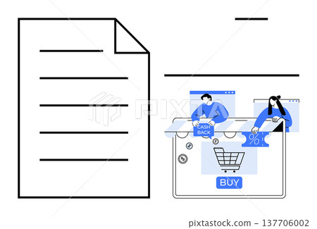 Online shopping, e-commerce, cashback, discounts, marketing, consumer behavior. A digital shopping cart with cashback and discount icons. Online shopping and e-commerce illustrated Online shopping, e-commerce, cashback, discounts, marketing, consumer behavior. A digital shopping cart with cashback and discount icons. Online shopping and e-commerce illustrated 137706002