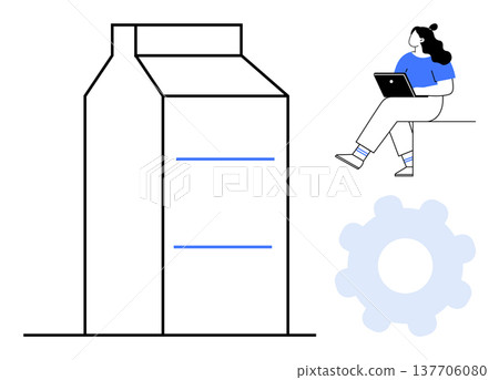 Data management, innovation, e-commerce, packaging design, digital strategy, user experience. Minimalist milk carton, gear symbol person using laptop. Packaging design and innovation concept Data management, innovation, e-commerce, packaging design, digital strategy, user experience. Minimalist milk carton, gear symbol person using laptop. Packaging design and innovation concept 137706080