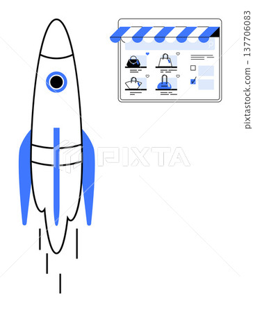 Business strategy, e-commerce growth, online shopping, startup launch, technology, marketing strategies. A rocket alongside an online store interface. Business strategy and e-commerce growth ideas 137706083