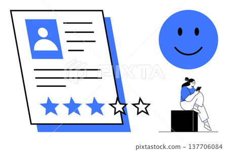 Customer satisfaction, user reviews, service quality, online feedback, business reputation, digital interaction. A person with a tablet, star rating happy face. Customer satisfaction and user 137706084
