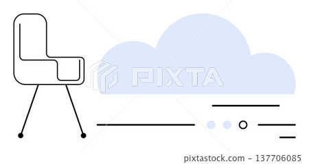 Workspace design, cloud storage, office productivity, remote work, virtual collaboration, innovation. A minimal office chair next to a cloud icon. Workspace design and cloud storage concept 137706085