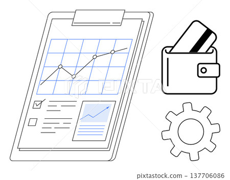 Business growth, financial planning, analysis reports, payment systems, fintech, development strategies. A clipboard with a graph, wallet with credit cards and gear icon. Financial planning 137706086