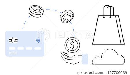 Digital payments, e-commerce, money transactions, online shopping, cloud storage, financial technology. A credit card, coins a hand a shopping bag and a cloud icon. Digital payments and e-commerce Digital payments, e-commerce, money transactions, online shopping, cloud storage, financial technology. A credit card, coins a hand a shopping bag and a cloud icon. Digital payments and e-commerce 137706089