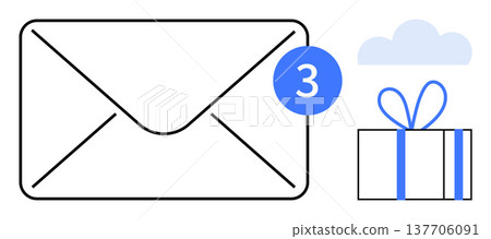 Online communication, digital marketing, rewards, notifications, email services, cloud storage. Envelope with notification badge, cloud and gift box. Online communication and digital marketing Online communication, digital marketing, rewards, notifications, email services, cloud storage. Envelope with notification badge, cloud and gift box. Online communication and digital marketing 137706091