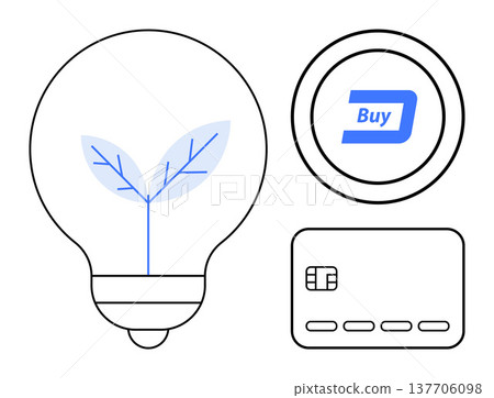 Sustainability, e-commerce, financial technology, innovation, green energy, eco-friendly design. A light bulb with a leaf, digital buy button and credit card. Sustainability and e-commerce Sustainability, e-commerce, financial technology, innovation, green energy, eco-friendly design. A light bulb with a leaf, digital buy button and credit card. Sustainability and e-commerce 137706098
