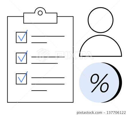 Task management, organizational planning, survey completion, data analysis, progress tracking, user feedback. Illustration of a checklist, user profile and percentage symbol. Task management 137706122