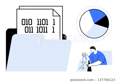 Data analysis, e-commerce, digital transformation, information storage, behavior tracking, cybersecurity. Binary files in folder, pie chart person with shopping bag. Data analysis and e-commerce 137706123