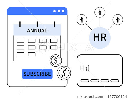 Human resources, subscription management, online payments, payroll services, membership renewal, business administration. Annual calendar subscription, payment card HR connection icons. Human 137706124
