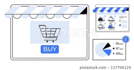 Online shopping, e-commerce platforms, digital business growth, retail marketing, shopping analytics, customer research. Shopping cart, store window product catalog and data charts. Online shopping Online shopping, e-commerce platforms, digital business growth, retail marketing, shopping analytics, customer research. Shopping cart, store window product catalog and data charts. Online shopping 137706129