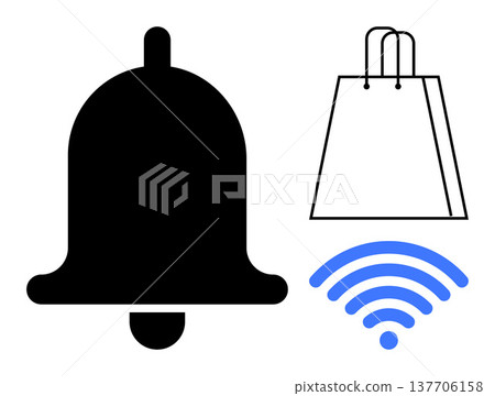 E-commerce, online shopping, notifications, wireless connectivity, retail, digital communication. Black bell, shopping bag blue wireless signal icon. E-commerce and online shopping concepts E-commerce, online shopping, notifications, wireless connectivity, retail, digital communication. Black bell, shopping bag blue wireless signal icon. E-commerce and online shopping concepts 137706158