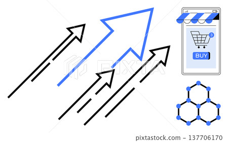 Business growth, e-commerce trends, online shopping, technology, digital economy, data networks. Arrows rising, online store interface and linked nodes pattern. Business growth and e-commerce trends Business growth, e-commerce trends, online shopping, technology, digital economy, data networks. Arrows rising, online store interface and linked nodes pattern. Business growth and e-commerce trends 137706170