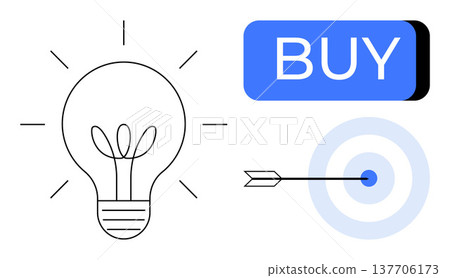Business planning, innovation, e-commerce, marketing strategy, consumer behavior, goal setting. Light bulb, buy button arrow hitting target. Innovation and e-commerce concepts Business planning, innovation, e-commerce, marketing strategy, consumer behavior, goal setting. Light bulb, buy button arrow hitting target. Innovation and e-commerce concepts 137706173