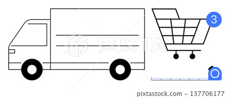 E-commerce, delivery, logistics, online shopping, shipping, product measurement. Delivery truck, shopping cart with notification and measuring tape. E-commerce and delivery concept 137706177