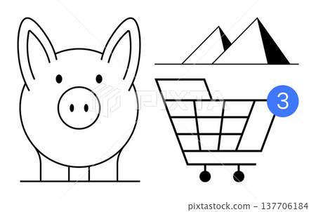 Online shopping, budgeting, travel planning, e-commerce, vacation destinations, and finance. Black and white piggy bank, shopping cart with notification and pyramids. Budgeting and e-commerce 137706184