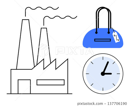 Manufacturing, retail production, product branding, time management, consumer goods, industry workflow. Factory with smokestacks, handbag with tag and clock. Manufacturing workflow and retail Manufacturing, retail production, product branding, time management, consumer goods, industry workflow. Factory with smokestacks, handbag with tag and clock. Manufacturing workflow and retail 137706190