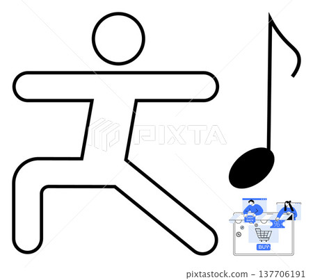 Fitness, music, online shopping, e-commerce, digital lifestyle, creativity. Abstract stick figure in motion paired with a musical note and a small online shopping icon. Fitness and music concept Fitness, music, online shopping, e-commerce, digital lifestyle, creativity. Abstract stick figure in motion paired with a musical note and a small online shopping icon. Fitness and music concept 137706191