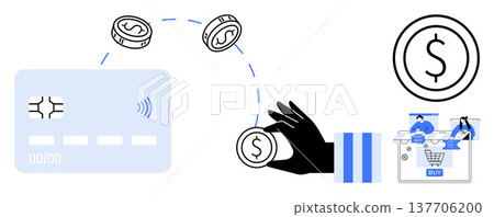 Online shopping, digital payment, e-commerce, financial transactions, cashless options, business models. Features credit card, coins hand and shopping cart. Online shopping and digital payment 137706200