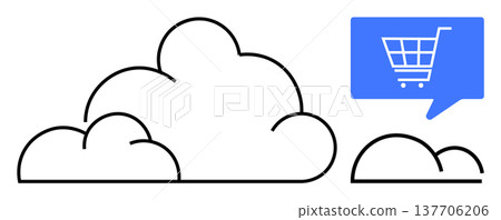 Cloud technology, e-commerce, digital transactions, online shopping platforms, data storage, internet services. Stylized clouds paired with a shopping cart in a speech bubble. E-commerce and cloud Cloud technology, e-commerce, digital transactions, online shopping platforms, data storage, internet services. Stylized clouds paired with a shopping cart in a speech bubble. E-commerce and cloud 137706206