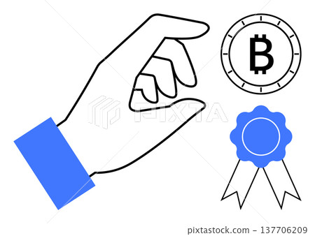 Blockchain technology, digital finance, cryptocurrency investment, online certification, fintech, achievement. A hand reaching for a Bitcoin coin and a certificate ribbon. Cryptocurrency 137706209