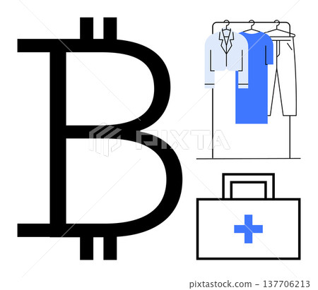 Cryptocurrency, healthcare services, modern fashion, financial transactions, digital commerce, industry adaptation. Bitcoin symbol alongside medical kit and clothing rack icons. Cryptocurrency Cryptocurrency, healthcare services, modern fashion, financial transactions, digital commerce, industry adaptation. Bitcoin symbol alongside medical kit and clothing rack icons. Cryptocurrency 137706213