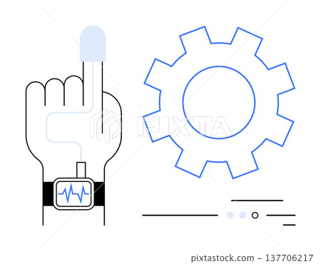 Biometric authentication, smart healthcare, digital interfaces, technological advancement, automation, cybersecurity. A finger with a smartwatch and a gear icon. Biometric authentication and smart Biometric authentication, smart healthcare, digital interfaces, technological advancement, automation, cybersecurity. A finger with a smartwatch and a gear icon. Biometric authentication and smart 137706217