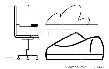 Office design, comfort, minimalism, creative concepts, workspace setup, style. Black and white sketch of a work chair, a shoe and a cloud. Office design and comfort 137706220