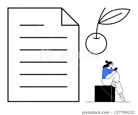 Education, creativity, remote learning, digital workflow, organization, content creation. Bold document icon, cherry symbol person using a tablet. Education and creativity concept 137706222