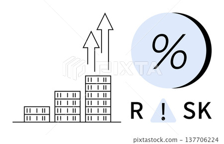 Finance, investment, risk management, profit growth, economic trends, stock market. Buildings with rising arrows and percentage symbol. Finance and investment concept emphasizing growth and risks 137706224
