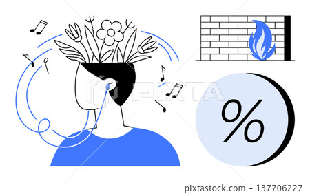 Music streaming, creativity, mindfulness, digital security, data protection, finance. Abstract composition with a person, nature music firewall and percentage sign. Creativity and music streaming Music streaming, creativity, mindfulness, digital security, data protection, finance. Abstract composition with a person, nature music firewall and percentage sign. Creativity and music streaming 137706227
