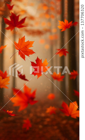 Autumn scene with falling orange leaves in a misty forest. Trees with bare branches create a serene atmosphere. Vertical wallpaper for seasonal social media advertising Autumn scene with falling orange leaves in a misty forest. Trees with bare branches create a serene atmosphere. Vertical wallpaper for seasonal social media advertising 137706320