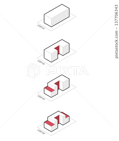 Isometric architectural massing diagram showing step by step building development. Minimal block transformation process for urban planning and design presentation. Isometric architectural massing diagram showing step by step building development. Minimal block transformation process for urban planning and design presentation. 137706343