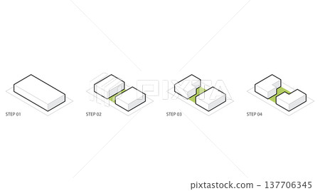 Isometric architectural massing diagram showing step by step building development. Minimal block transformation process for urban planning and design presentation. Isometric architectural massing diagram showing step by step building development. Minimal block transformation process for urban planning and design presentation. 137706345