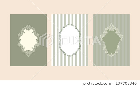 Vintage green set of postcard templates with Baroque and Rococo frames and space for text. Classic frames with hand-drawn swirls. Whimsical Victorian-style striped posters for wedding invitations and Vintage green set of postcard templates with Baroque and Rococo frames and space for text. Classic frames with hand-drawn swirls. Whimsical Victorian-style striped posters for wedding invitations and 137706346