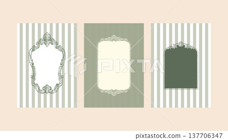 Vintage green set of postcard templates with Baroque and Rococo frames and space for text. Classic frames with hand-drawn swirls. Whimsical Victorian-style striped posters for wedding invitations and Vintage green set of postcard templates with Baroque and Rococo frames and space for text. Classic frames with hand-drawn swirls. Whimsical Victorian-style striped posters for wedding invitations and 137706347