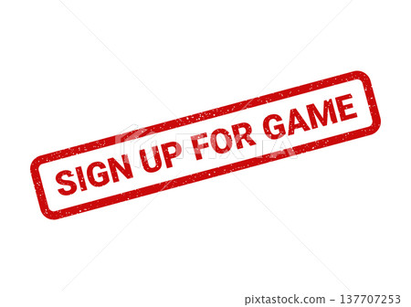 Grungy rectangular stamp for game registration, inviting players to join an upcoming match or tournament event 137707253