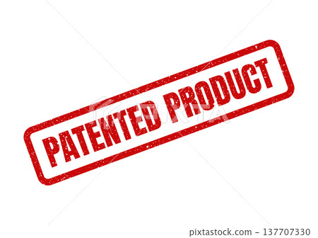Grungy red ink rubber stamp mark displaying the phrase PATENTED PRODUCT for certifying unique commercial goods Grungy red ink rubber stamp mark displaying the phrase PATENTED PRODUCT for certifying unique commercial goods 137707330