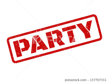 Grungy red ink rubber stamp mark with the bold word PARTY prominently displayed for event announcements Grungy red ink rubber stamp mark with the bold word PARTY prominently displayed for event announcements 137707331