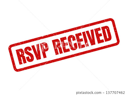 Grungy red rectangular stamp impression displaying the words RSVP RECEIVED in bold uppercase lettering with texture 137707462