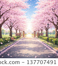 A spring landscape illustration featuring a street lined with cherry blossom trees and a ray of hope. 137707491