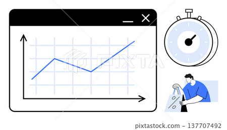 Business growth, time management, productivity, financial planning, workflow optimization, performance measurement. Graph rising in a window with a stopwatch and a person working. Business growth Business growth, time management, productivity, financial planning, workflow optimization, performance measurement. Graph rising in a window with a stopwatch and a person working. Business growth 137707492