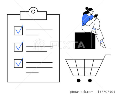 Online shopping, task management, digital workflow, e-commerce, productivity, goal setting. A to-do list with checkmarks, a shopping cart and a person using a smartphone. Online shopping and task Online shopping, task management, digital workflow, e-commerce, productivity, goal setting. A to-do list with checkmarks, a shopping cart and a person using a smartphone. Online shopping and task 137707504