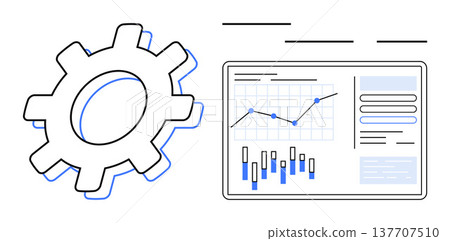 Data analysis, optimization processes, business intelligence, technology, performance tracking, strategic planning. Gear icon next to a dashboard with graphs and charts. Data analysis Data analysis, optimization processes, business intelligence, technology, performance tracking, strategic planning. Gear icon next to a dashboard with graphs and charts. Data analysis 137707510