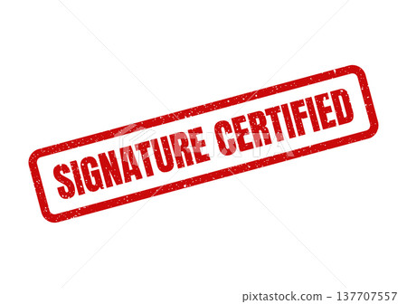 Grungy red rubber stamp featuring SIGNATURE CERTIFIED text, indicating official document verification or approval status Grungy red rubber stamp featuring SIGNATURE CERTIFIED text, indicating official document verification or approval status 137707557