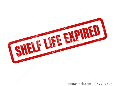 Grungy red rubber stamp prominently displaying the phrase SHELF LIFE EXPIRED diagonally, signaling an item is past its usability date 137707592